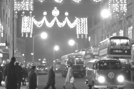 Fawcett Street in 1967. A mass of colour and activity at Christmas.
