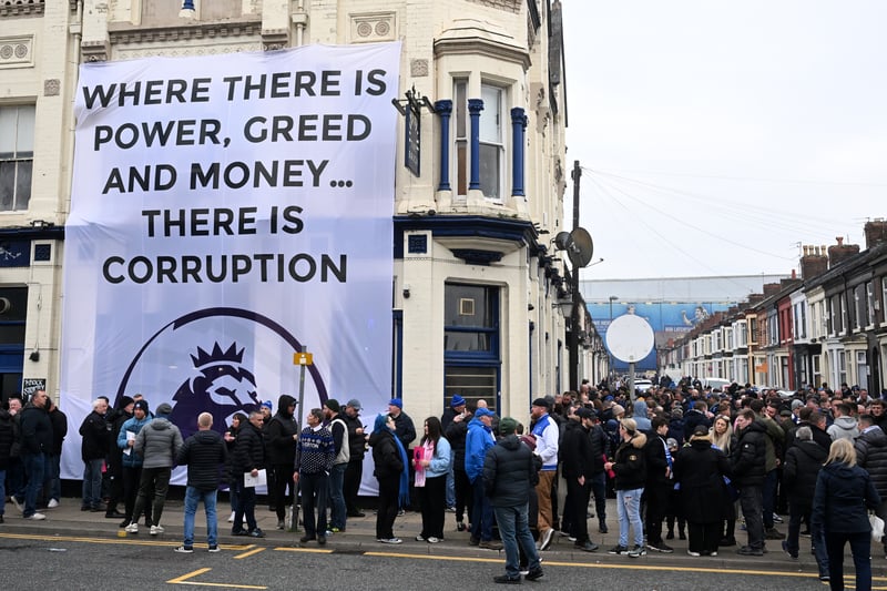 Everton fans protest against the Premier League after being hit with a points deduction.