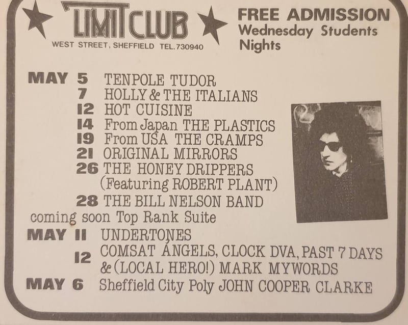 A flyer advertising upcoming gigs at Sheffield's Limit nightclub on West Street