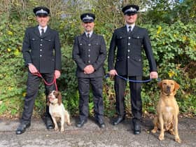 From left to right- PC Dave Whittle and PD Dexter, Inspector Dan Garside, PC Dan Hurst and PD Milo.