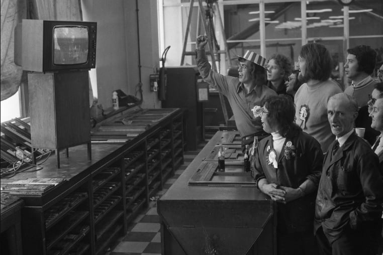 Sunderland Echo staff watch the 1973 FA Cup Final in the Bridge Street offices.