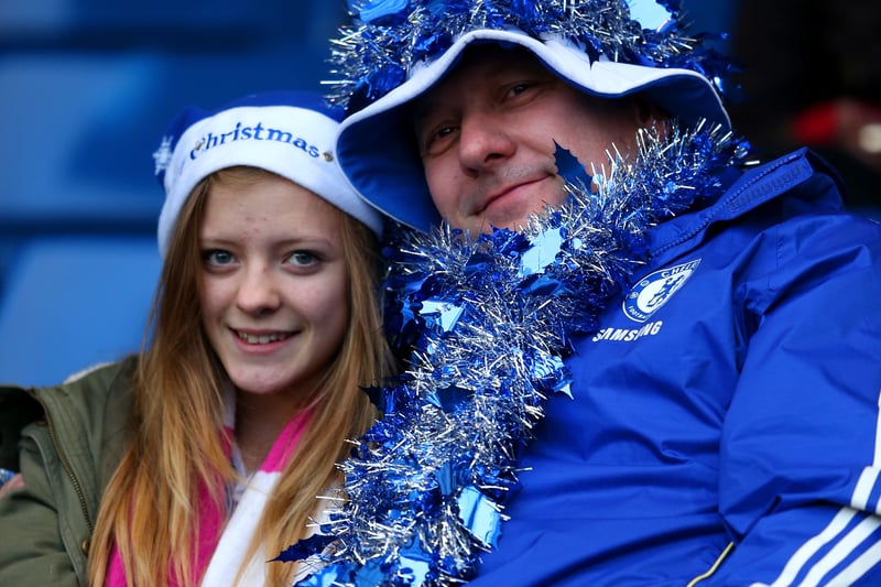 Chelsea fans get into the Christmas spirit during the Barclays Premier League match between Chelsea and Swansea City.