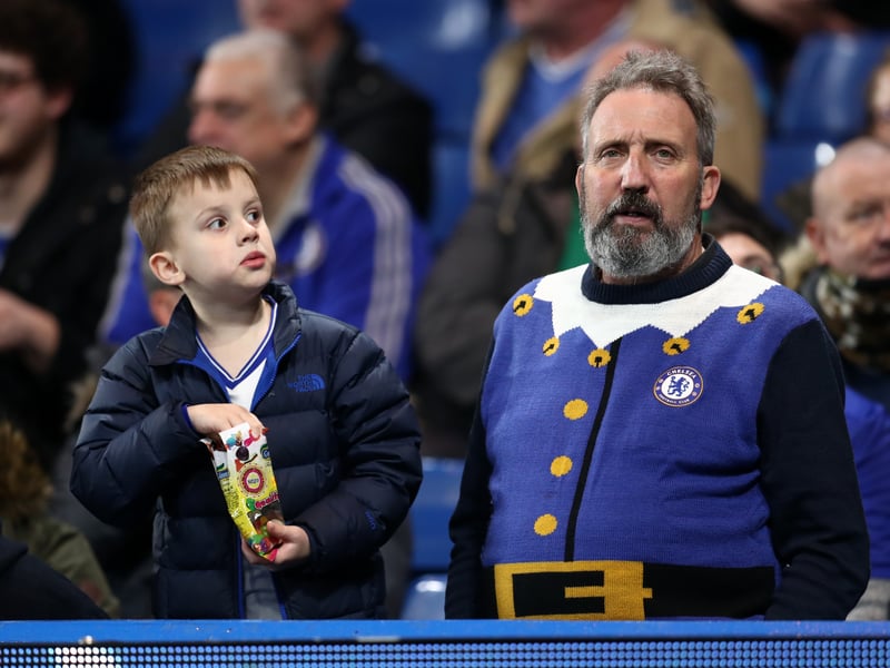 A Chelsea fan wearing a Christmas jumper during the Carabao Cup Quarter-Final against Bournemouth