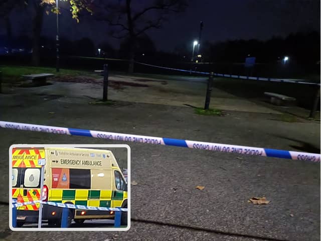 A motorist has been arrested on suspicion of GBH after a police incident at Rosehill Park, Rawmarsh (pictured). An off road biker was taken to hospital by ambulance (file picture, inset).