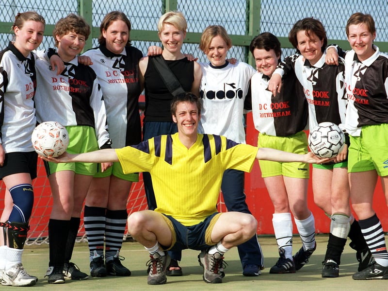 Mark Dunnell, coach/manager of the Endcliffe Park Womens Football team with players (l-r) Marie Hodgson, Shirley McClune, Clare Shepherd, Fran Henshaw, Lucy Alexander, Donna Carver, Claire Lewis and Joy Bagshaw, at the Pitz Football Centre in 1999