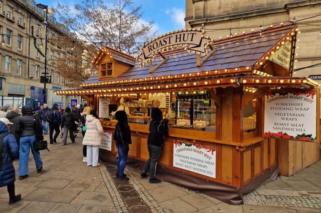 The Roast Hut at Sheffield Christmas Market also sells vegetarian wraps, roast meat sandwiches and more