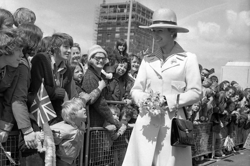 Princess Anne meets the crowds on her arrival at The Galleries in 1974.