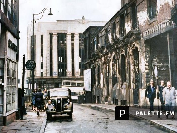 Change Alley, Sheffield, which ran from High Street to Norfolk Street, pictured soon after the Second World War, showing the scars of the 1940 Blitz. In the background is the shell of the shattered Burton's building at the corner of Angel Street and High Street Circa 1950