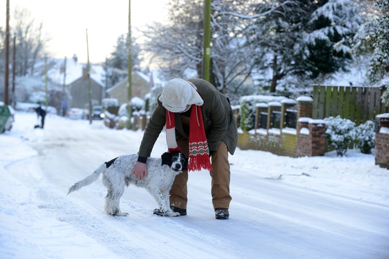 A dog owner taking their pet pooch for a walk in the snowy conditions. 