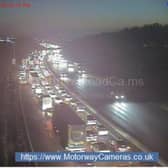 More traffic chaos after multivehicle crash on M1 near J30. Picture shows queueing traffic