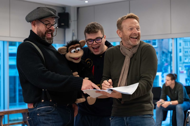 Damian Williams (Bellie Fillop), Max Fulham (Phillipe Fillop), Paul Hendy (Writer and Director). Rehearsals Beauty and the Beast. Credit: Sam Taylor 