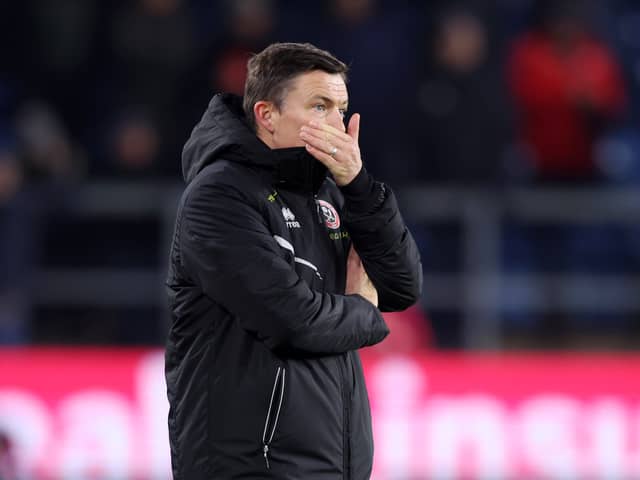 Paul Heckingbottom, Manager of Sheffield United, reacts during the Premier League match between Burnley FC and Sheffield United at Turf Moor  (Photo by Nathan Stirk/Getty Images)