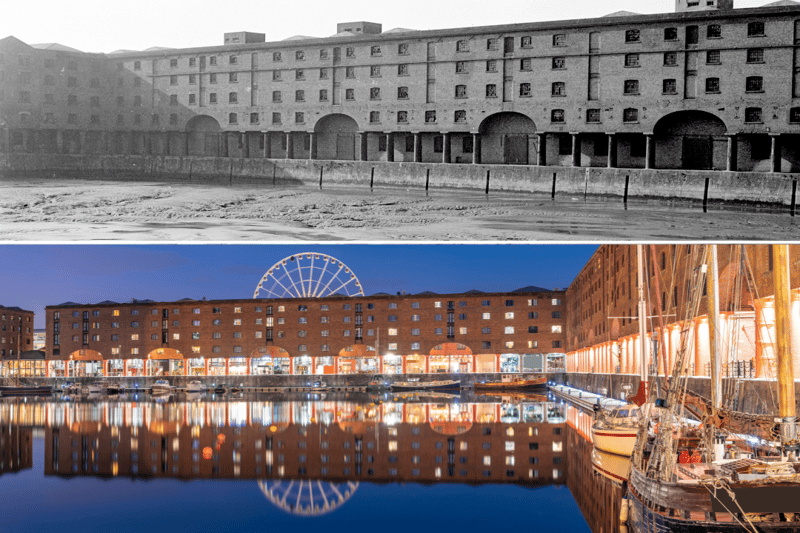 Built from cast iron, brick and stone in 1846, the Albert Dock was the first non-combustible warehouse system in the world. It served as a key port until after WWII and then fell into disrepair. It is pictured above silted up before its proposed demolition in 1982. However, the dock was saved and turned into one of the most popular destinations in Liverpool, offering everything from art to nights out. It was granted a royal charter in 2018 and had ‘Royal’ added to its name.