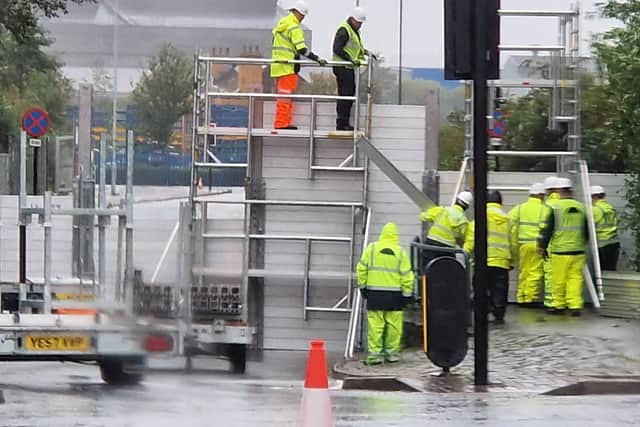 Huge flood defences at Meadowhall during Storm Babet in October.