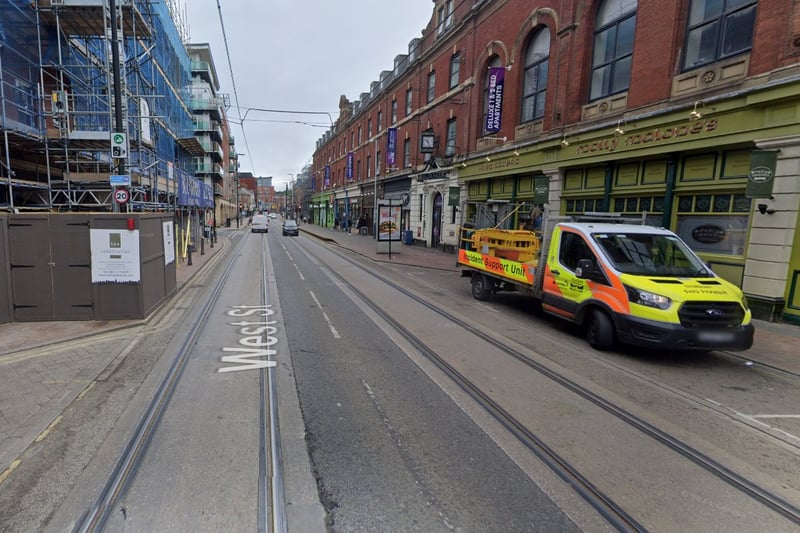 The second-highest number of reports of offences that took place in Sheffield in October 2023 were made in connection with incidents that took place on or near West Street, Sheffield city centre, with 40