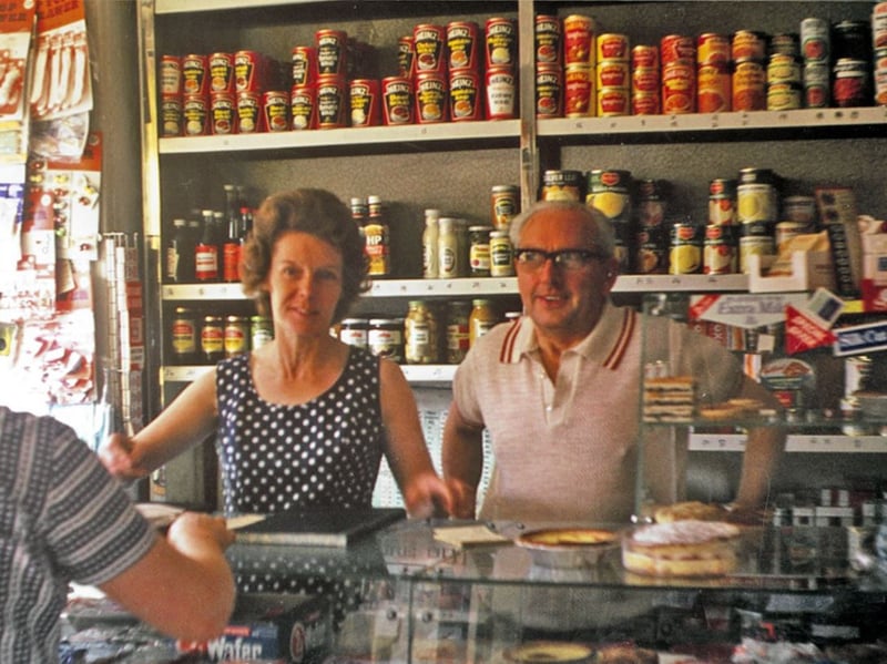 Harry and Jean Richardson at their corner shop on Norton Lees Road, Woodseats, at the junction with Cliffe Field Road, on their last day of trading, July 3, 1976