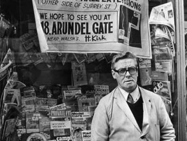 Newsagent Henry Kirk standing outside his shop on Tudor Street, Sheffield, in April 1972, shortly before it was due to  be demolished to make way for the town hall extension