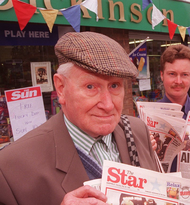 Dickinson Newsagent, on Chapel Street, Woodhouse, Sheffield, pictured in 1998, when it was celebrating 90 years in business. Seen left to right are Donald Glover, 83, who is the oldest ex-paper boy; Scott Dickinson; and Jamie Flint, 17, the youngest ex-paper boy. They are seen with copies of the Star, of which they have sold over 1 million copies over the years.