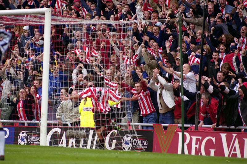 Fans celebrate as Patrice Carteron scores for Sunderland in 2001.