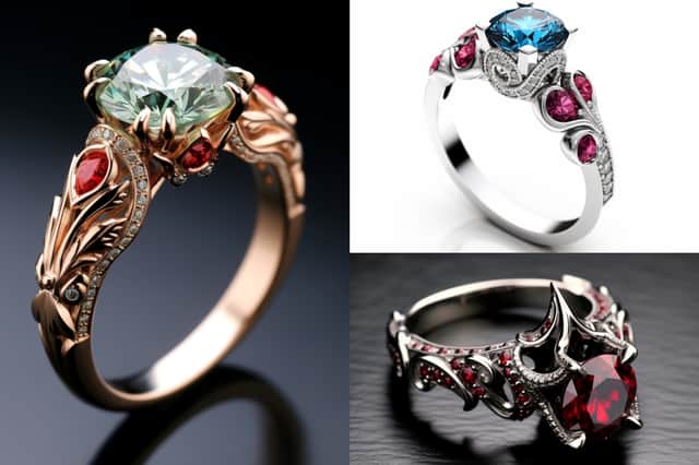 The top 3 most expensive Premier League-inspired engagement rings: Liverpool (left), West Ham (top right), Manchester (bottom right).