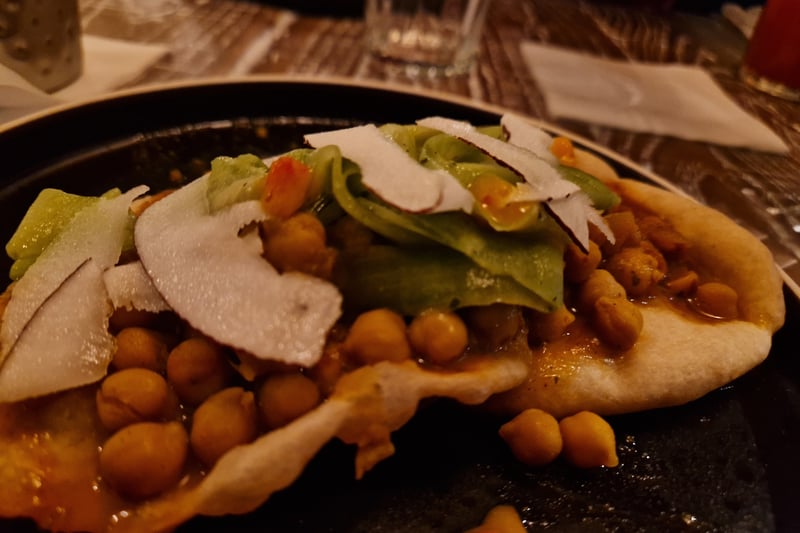 The Trinidad Doubles at Turtle Bay Glasgow - featuring soft bara roti topped with curried chickpeas & cucumber chutney.