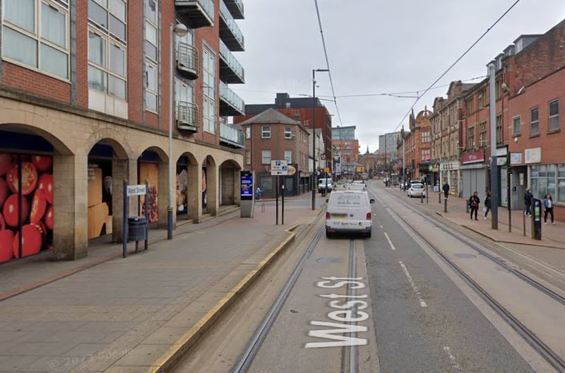 The joint-highest number of reports of violence and sexual offences in Sheffield in October 2023 were made in connection with incidents that took place on or near West Street, Sheffield city centre, with 17