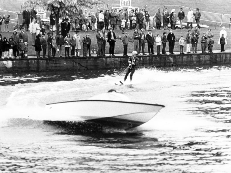 Harry Roberts, secretary of the Sheffield and District Water Ski Club, showing off his skill at Crookes Valley Boating Lake, in Sheffield, during the Water Sports Festival in June 1972