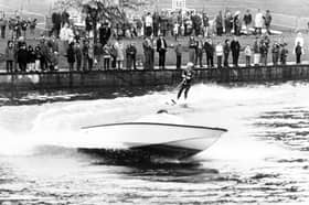 Harry Roberts, secretary of the Sheffield and District Water Ski Club, showing off his skill at Crookes Valley Boating Lake, in Sheffield, during the Water Sports Festival in June 1972