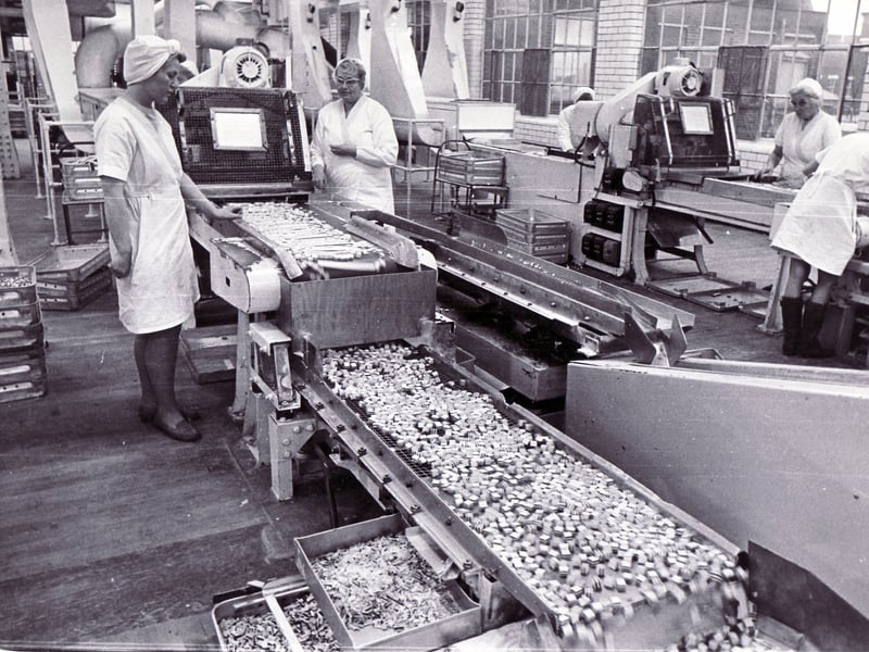 Liquorice Allsorts cubes come along the conveyor belt for sorting at the Geoge Bassett & Co sweets factory in February 1972