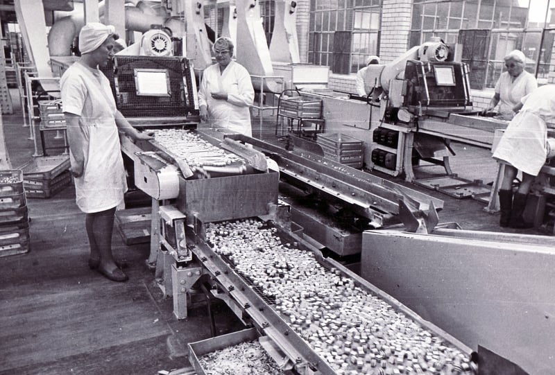 Liquorice Allsorts cubes come along the conveyor belt for sorting at the Geoge Bassett & Co sweets factory in February 1972