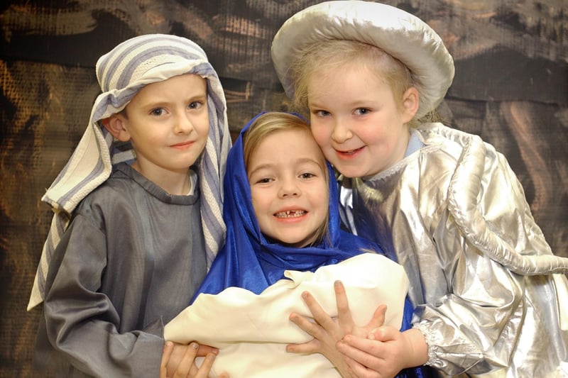 Byron Watson, five, Anna Baird, six and Sarah Canfield, six, who took part in Parkside Infants School's last ever Nativity play in 2007.