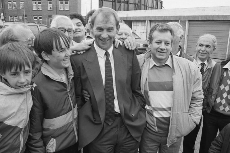 Fans greet Denis Smith on his arrival in 1987.