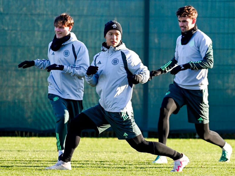 Tomoki Iwata, Odin Thiago Holm and Matt O'Riley take part in a Celtic training session on Tuesday.