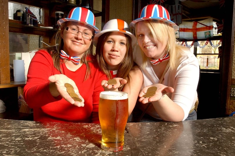 Lisa Cassidy, Kate Neband and Ashleigh Simpson were offering a pint for an old penny at the pub in 2006.