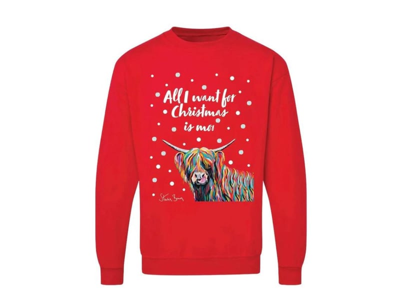 Scottish artist Steven Brown brings his signature multicoloured Highland cow - named Heather McCoo - to this festive knitwear. 
