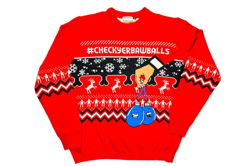 A funny festive jumper with an important message, you can get this #checkyerbawballs limited edition knit from charity Cahonas - who are dedicated to raising awareness of the symptoms of testicular cancer.
