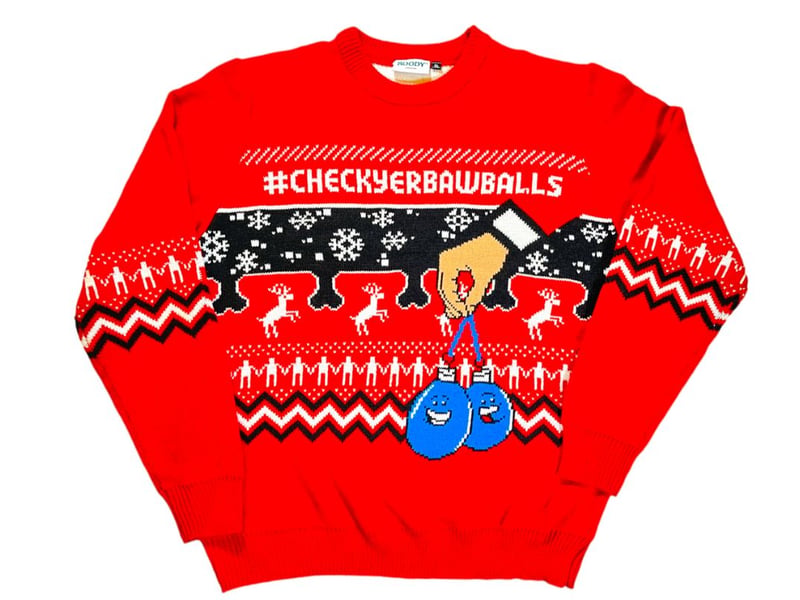 A funny festive jumper with an important message, you can get this #checkyerbawballs limited edition knit from charity Cahonas - who are dedicated to raising awareness of the symptoms of testicular cancer.