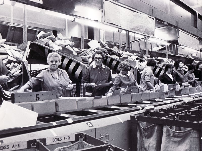 A busy day at the sorting office on December 21, 1970, during the Christmas postal rush