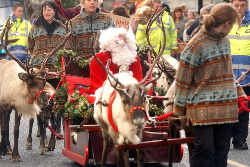Santa heads towards The Bridges with reindeers for company in 2008.