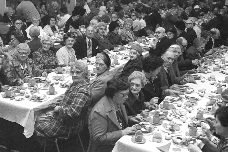 Some of the pensioners of Castletown pictured at their annual tea in Castle View School in 1979.
