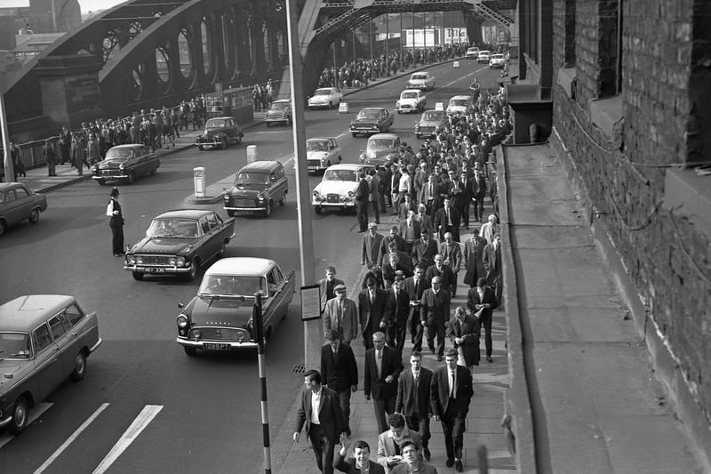 Match traffic on Wearmouth Bridge at Sunderland's game with Charlton in April 1964.