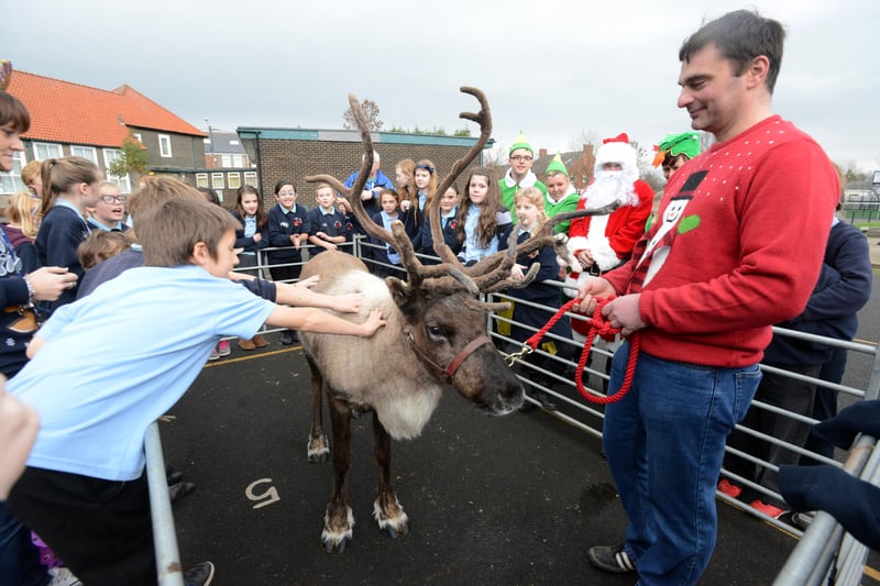 Frosty the Reindeer visiting the pupils at Lumley Junior School in 2013.