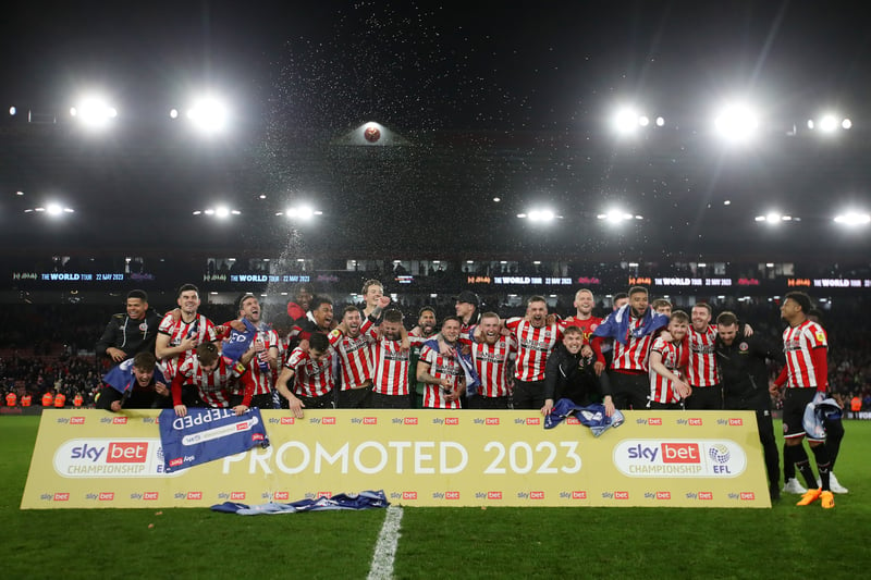 Sheffield United players  celebrated after winning promotion to the Premier League during the Sky Bet Championship between Sheffield United and West Bromwich Albion, at Bramall Lane on April 26. (Photo: George Wood/Getty Images)