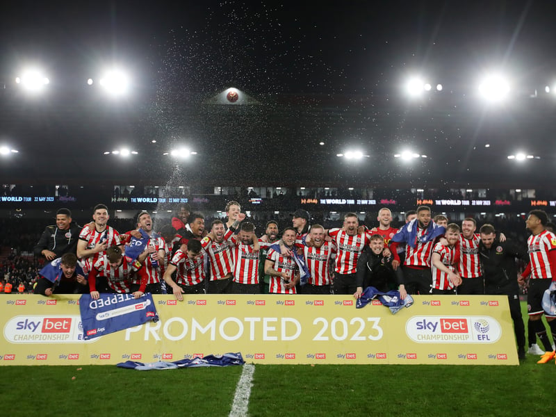 Sheffield United players celebrated after winning promotion to the Premier League during the Sky Bet Championship between Sheffield United and West Bromwich Albion, at Bramall Lane on April 26. (Photo: George Wood/Getty Images)