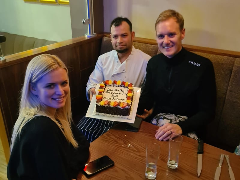 Dan Walker Nadiya Bychkova are presented with a special cake at Prithiraj Indian restaurant on Ecclesall Road, Sheffield, where Dan is a regular