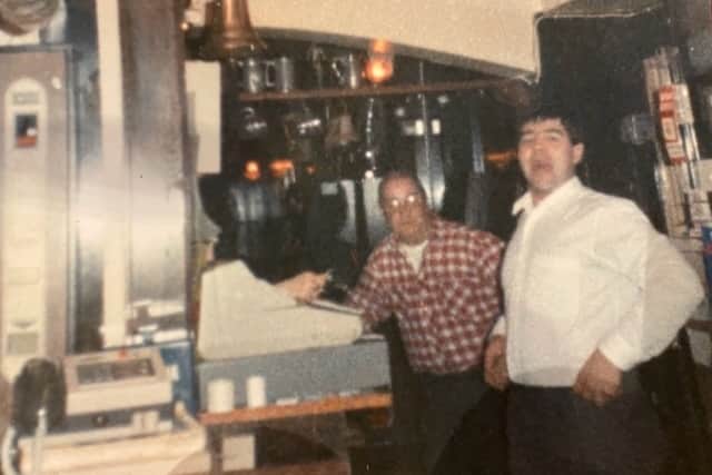 Tony Crofts at the Blue Ball pub in Wharncliffe Side, Sheffield, with former landlord Tony Baines in 1991