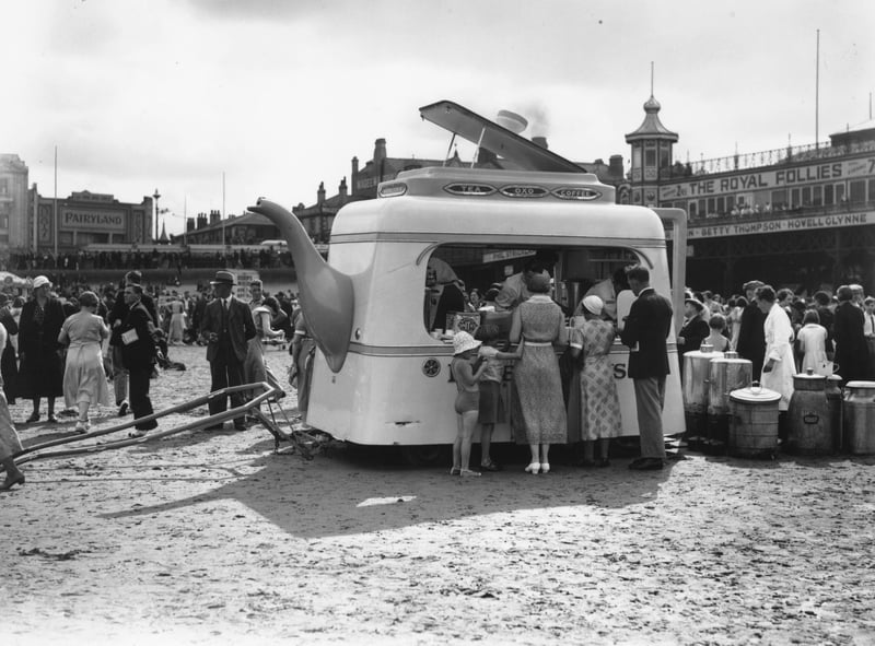 15th August 1934:  A novel teabar in the shape of a teapot on Blackpool Beach.  