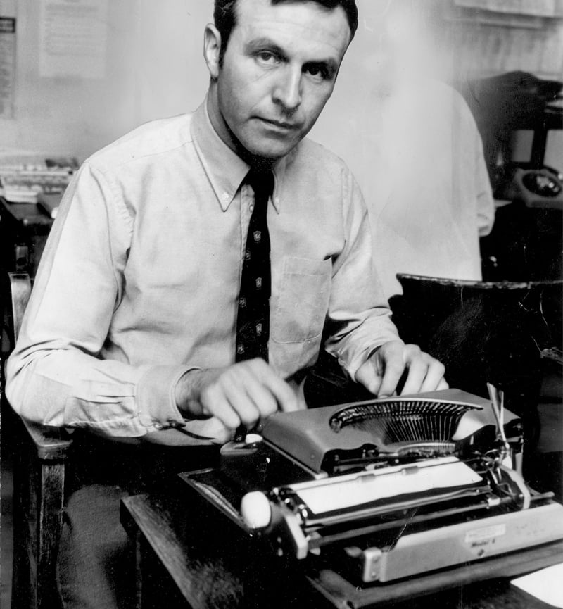 Jimmy Armfield at his typewriter after Blackpool won promotion in 1970