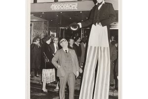 Showbiz veteran and former drummer Syd Griffiths, of Rydding Lane in West Bromwich, joined celebrations to mark the reopening of the theatre. The photograph shows stilt walker Simon Fraser doffing his hat to Syd Griffiths on October 20, 1981. 