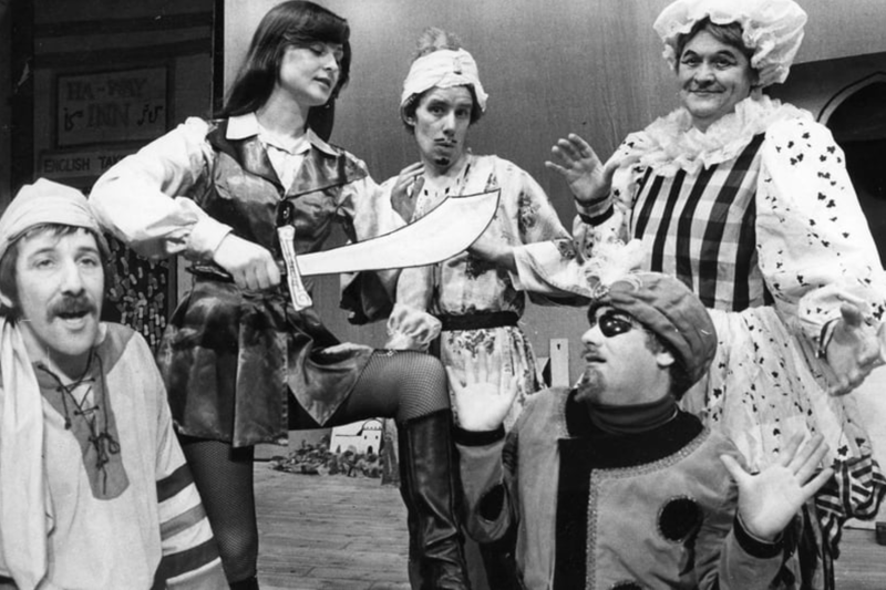 Jarrow Amateur Operatic Society's production of Ali Baba and the Forty Thieves. Alex Lumley as Ali Baba, with left to right: Ossie Naylor as Hassarac; Helen Lowther as Hamid; Ken Bartley as Abdulla and Alan Grieves as the Dame.